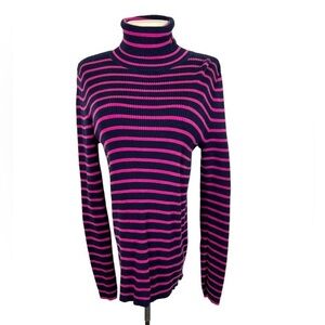 Lauren Ralph Lauren Navy & Pink Striped Ribbed Turtleneck- Size L cotton